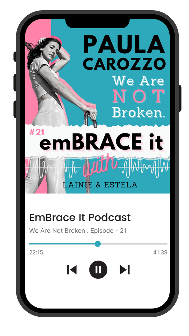 Graphic of a cell phone with an episode of the Embrace It Podcast playing. The top cover art shows a black and white photo of Paula Carozzo standing with her can. Her name is displayed in large black font with the title, &quot;We are not broken&quot; below. Below that is the EmBrace It logo and the player app icons below.